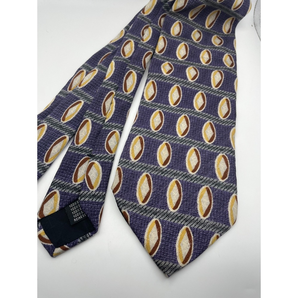 Bettini Italy Silk Necktie Purple Gold Geometric Oval Pattern Made in Italy Tie